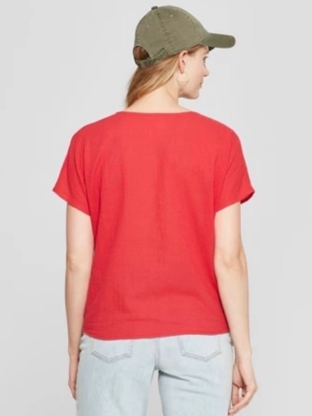 Universal Thread Red Tie Front Top Size L Buttoned Dolman Sleeve Cotton Blouse - Picture 2 of 7